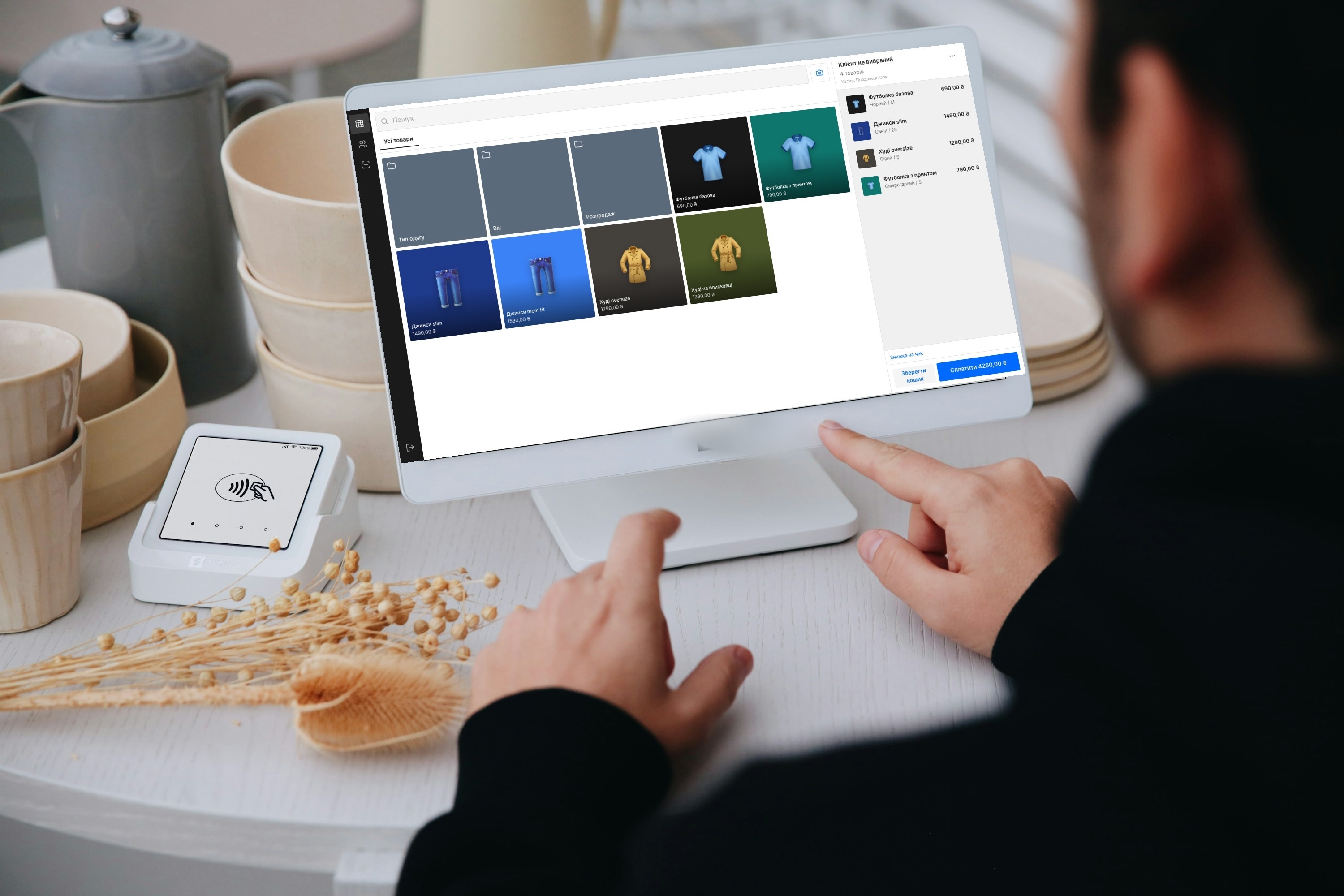 Каса The Live Shop POS на терміналі — каталог товарів і кошик з реальним чеком